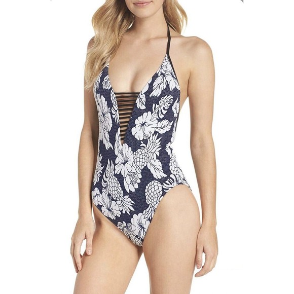 AdoreShe Sexy Deep V Pineapple Hibiscus Print One Piece Swim Suit Medium - Picture 1 of 7